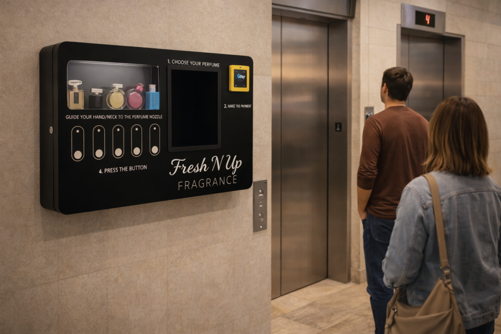 perfume vending machine installed in a hotel and gym environment