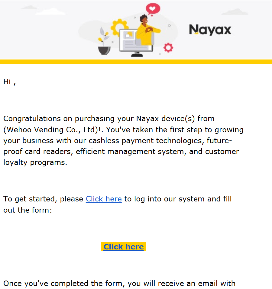 Example of Nayax onboarding invitation email