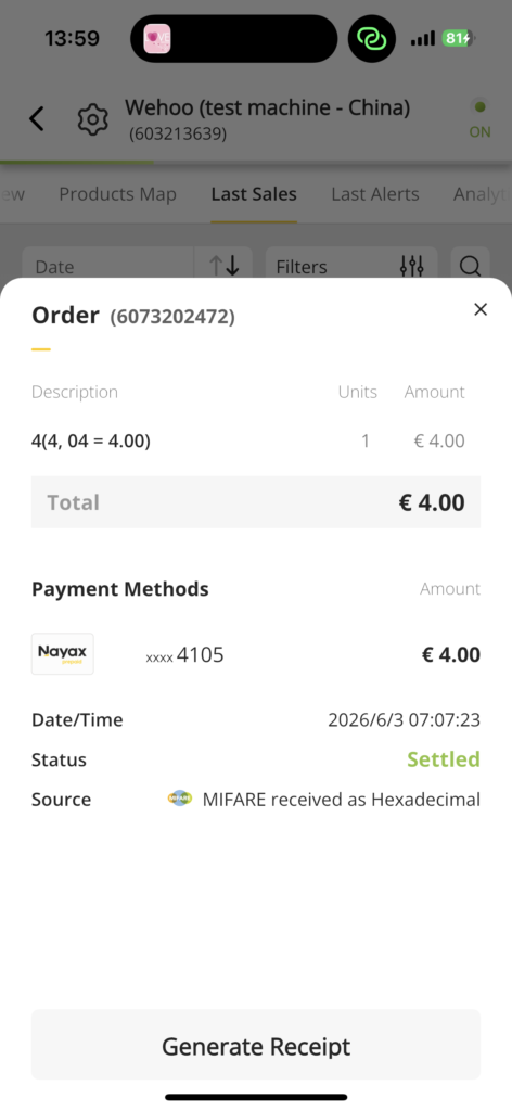 Successful payment on a perfume vending machine using Nayax