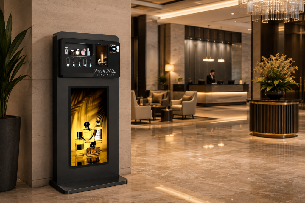 P8 stand-alone perfume vending machine installed in a hotel lobby