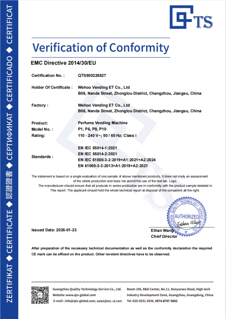 CE Declaration of Conformity for a perfume vending machine