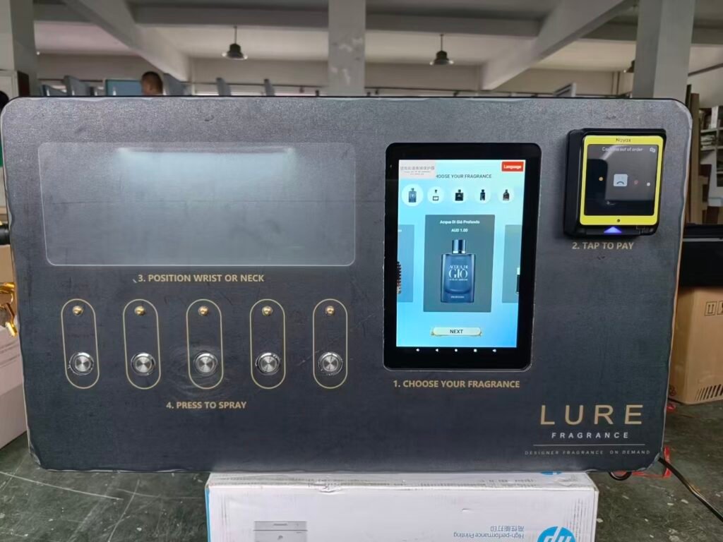 Custom logo and acrylic front panel on a perfume vending machine